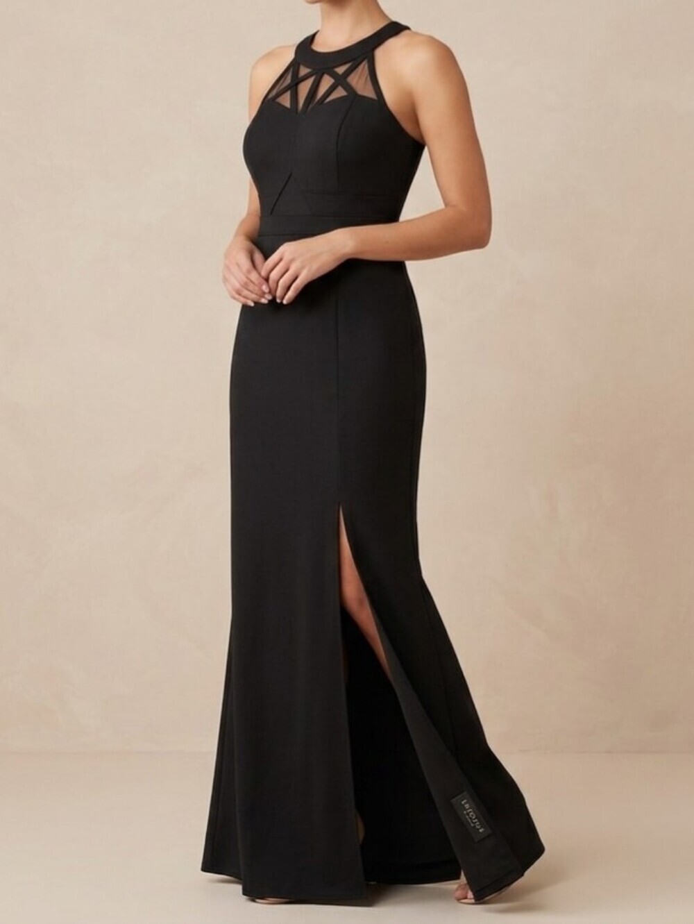 ENFOCUS  Studio Elegant  Black  Maxi Dress with Mesh Geometric Yoke SIZE 10.